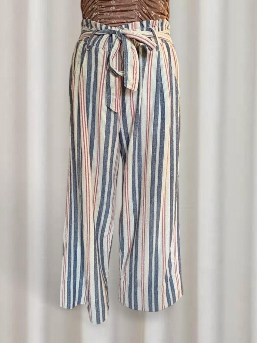 Striped High-Waist Wide Leg Pants with Tie Belt - Blue/Pink